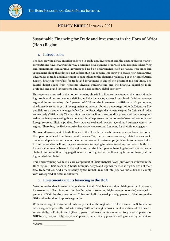 Sustainable Financing for Trade and Investment in the Horn of Africa (HoA) Region
