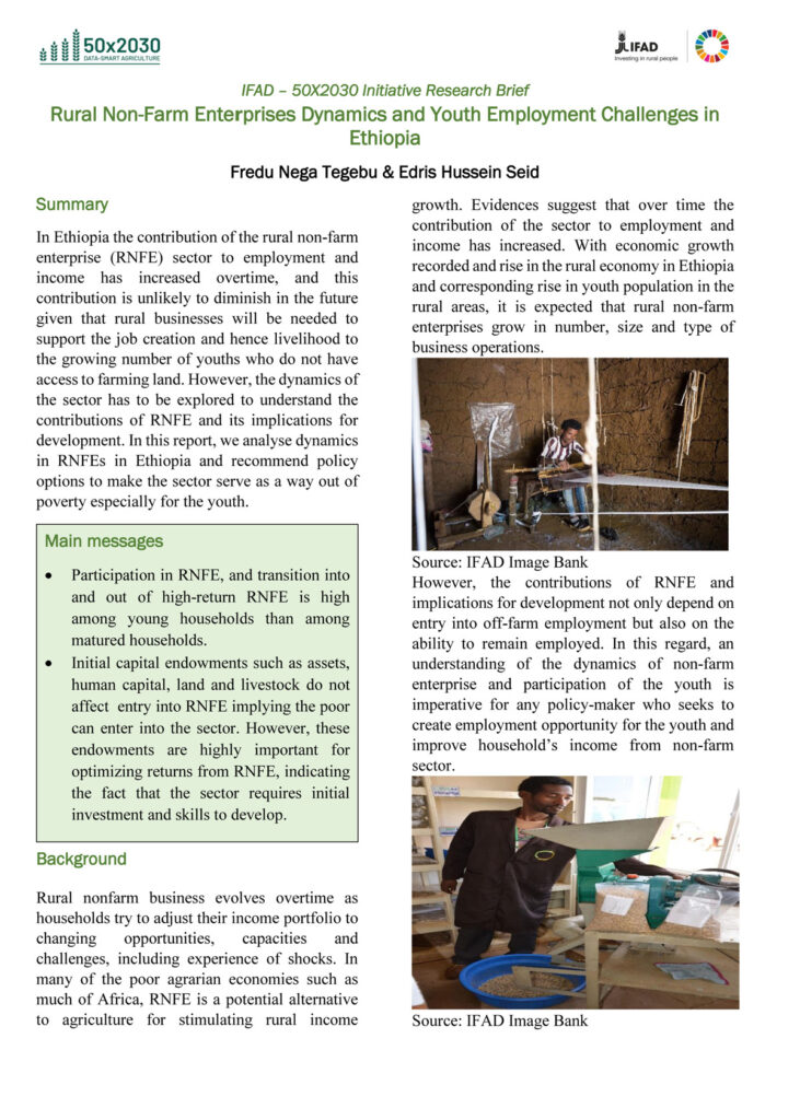 Rural Non-Farm Enterprises Dynamics and Youth Employment Challenges in Ethiopia; IFAD – 50X2030 Initiative Research Brief